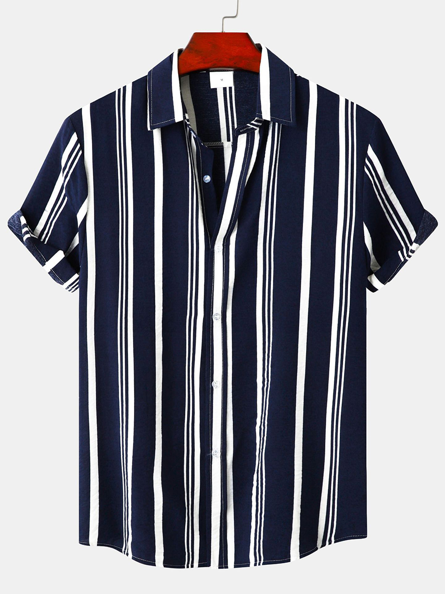 Retro Stripes Print Short Sleeve Button Down Shirt