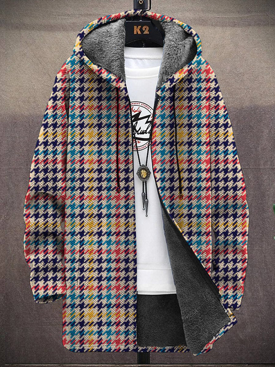 Men's Vintage Colorful Houndstooth Check Print Hooded Two Pocket Fleece Cardigan