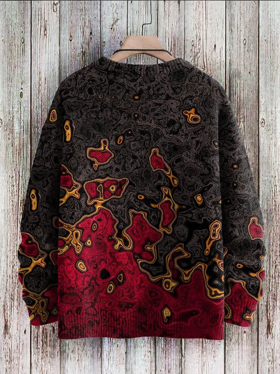 Unisex Vintage Fire Pattern Art Print Casual Knit Pullover Sweater