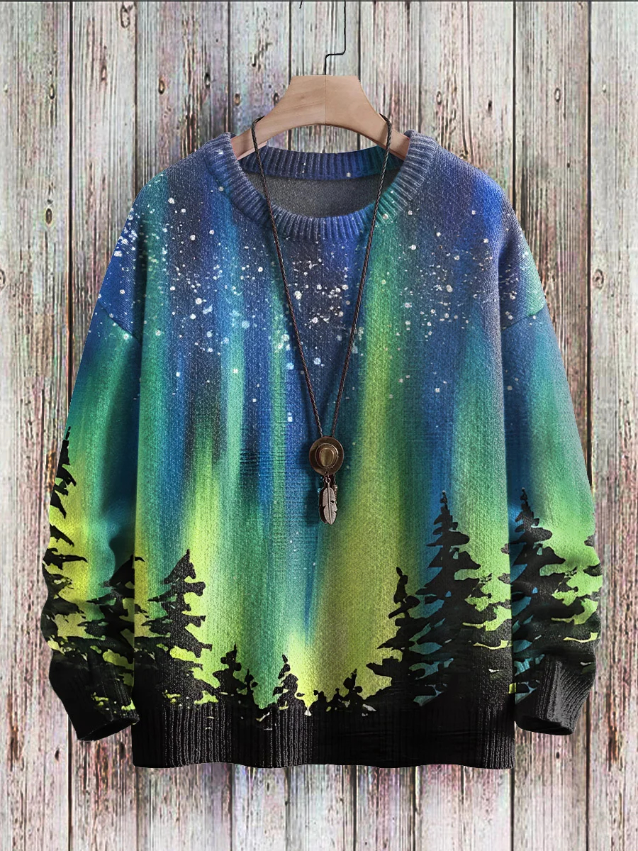 Aurora Scenery Art Christmas Print Knit Pullover Sweater