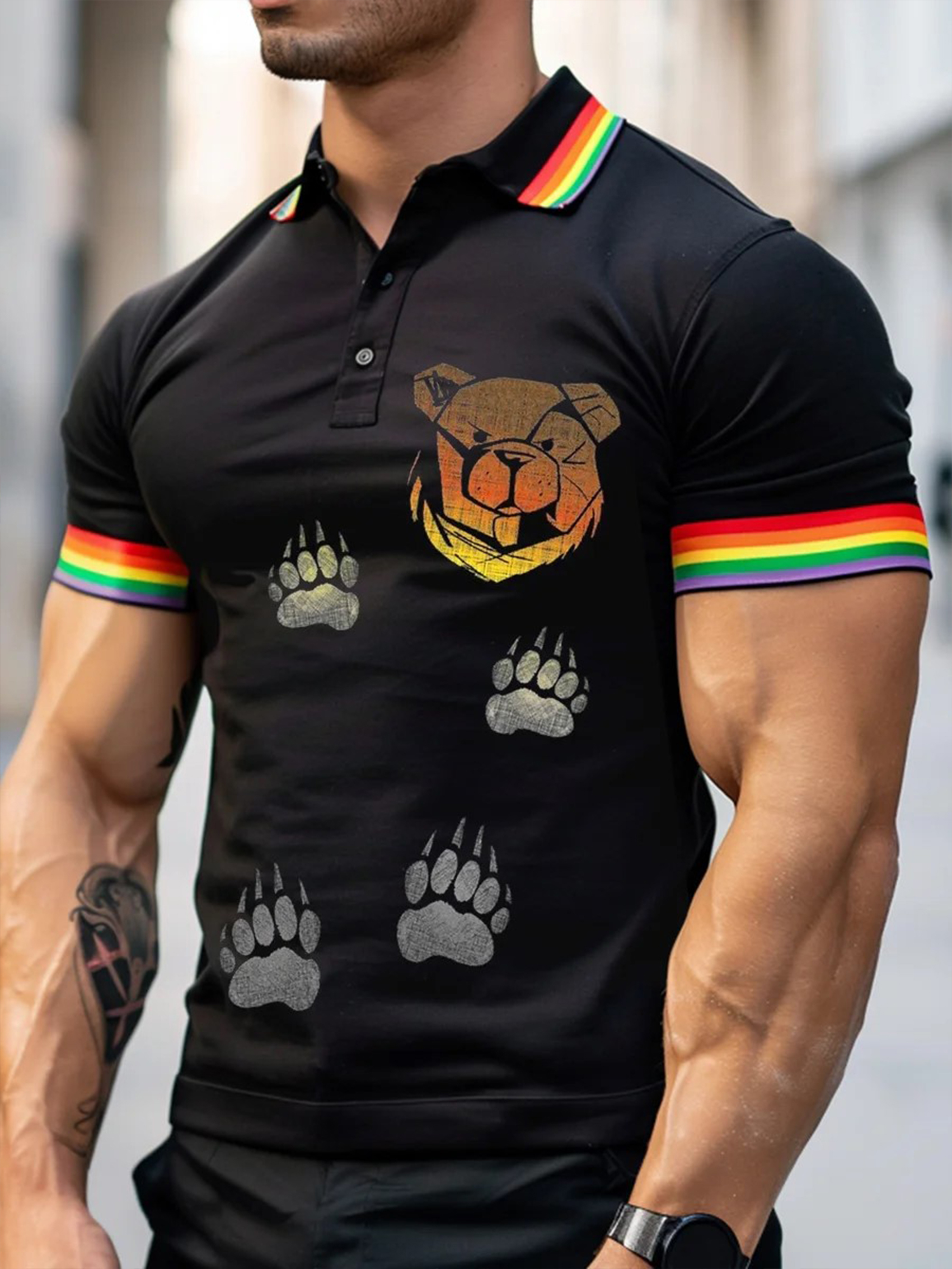 Men's Pride Bear Claws Rainbow Stripes Art Print Polo Shirt