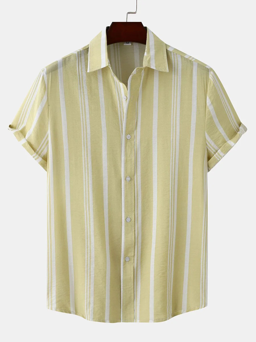 Retro Stripes Print Short Sleeve Button Down Shirt