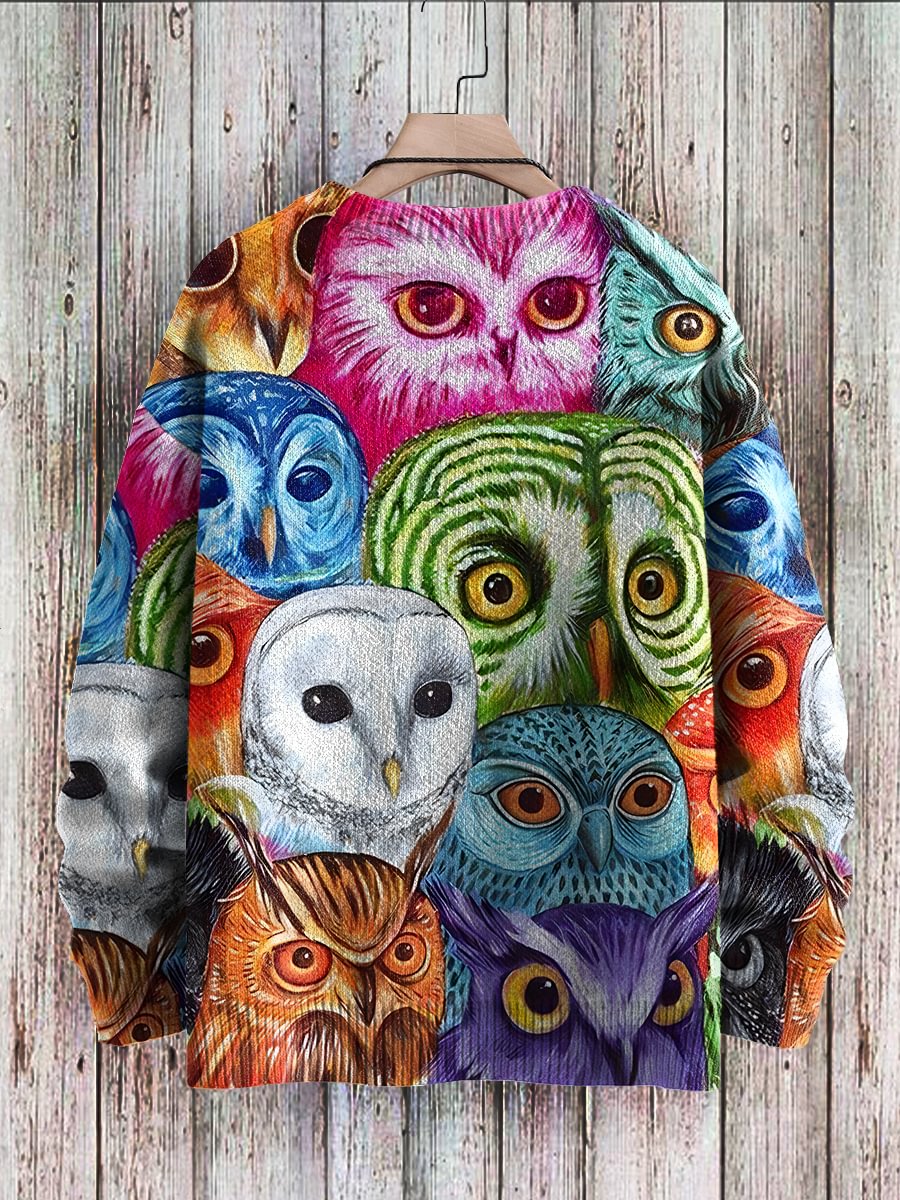 Men's Sweater Retro Colorful Owl Art Print Casual Knit Pullover Sweater