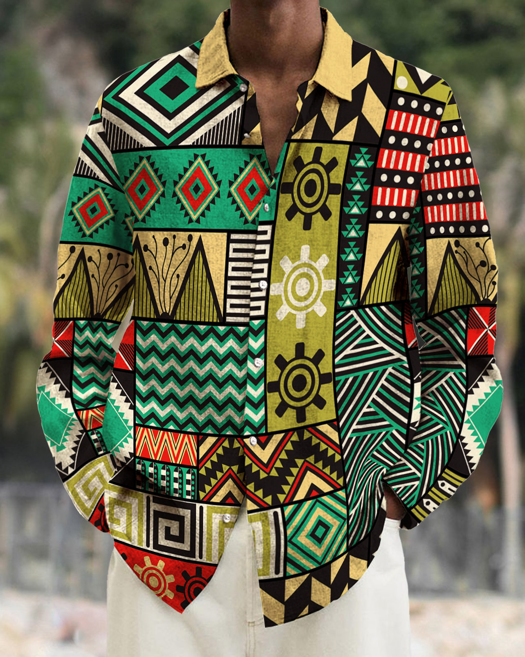 Men's Long-Sleeved Fashion Geometric Casual Shirt