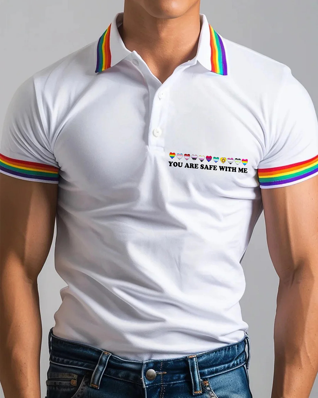 Men's Rainbow Stripes Heart You Are Safe with Me Pride Polo Shirt