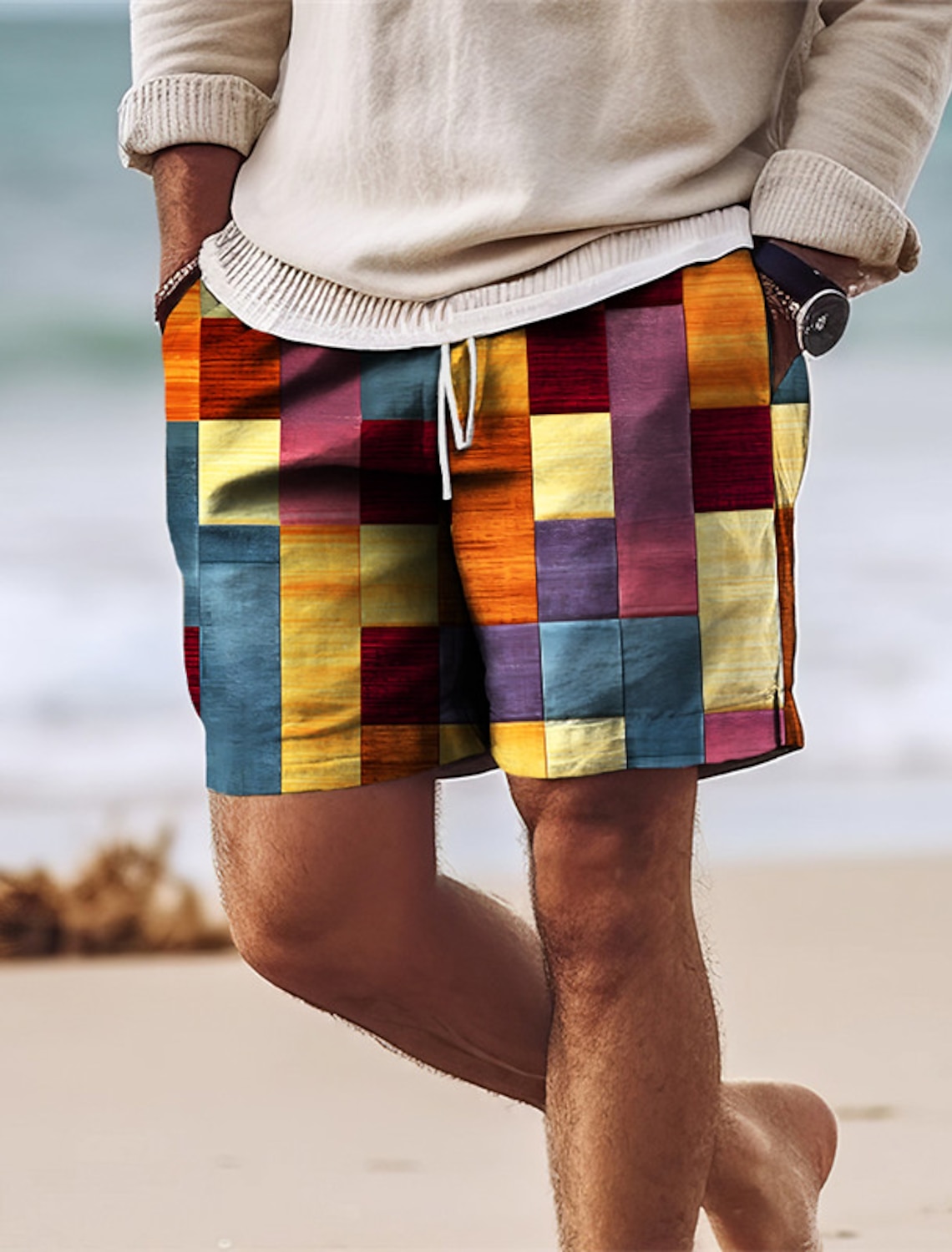 Men's Shorts Holiday Retro Colorblock Print Beach Shorts