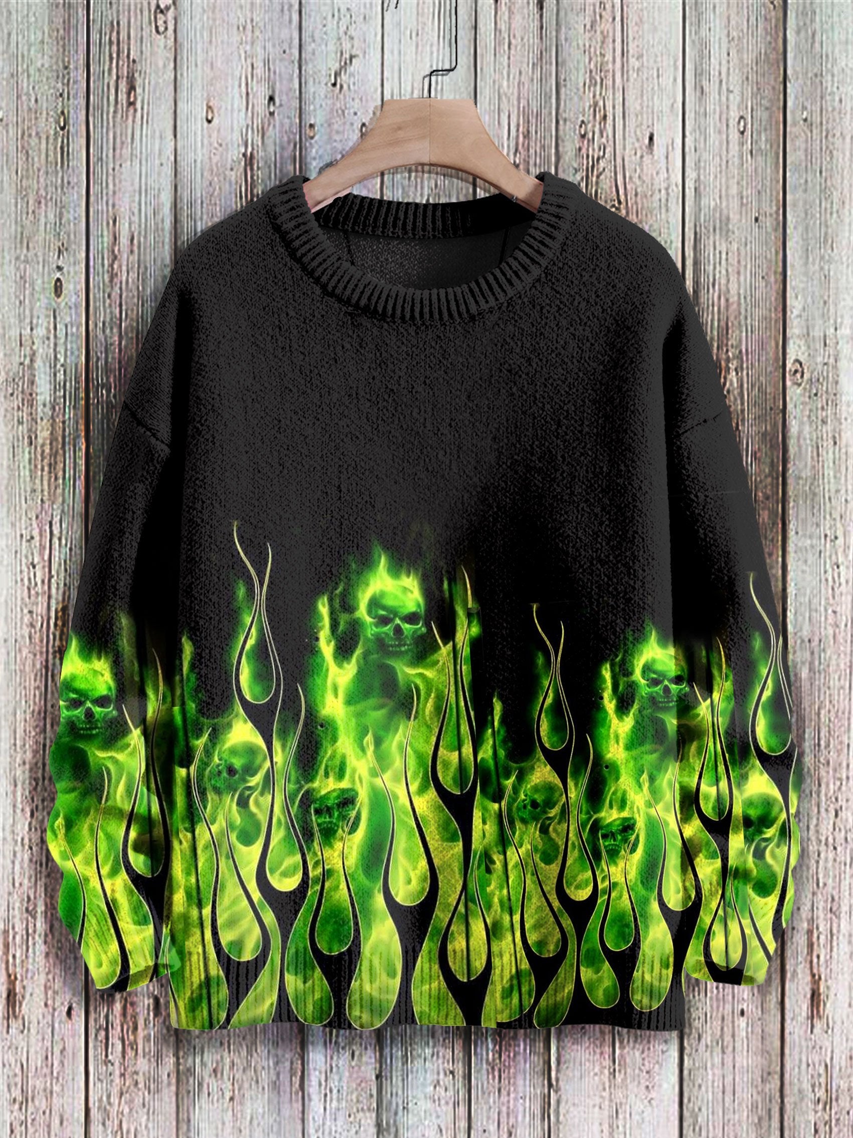 Fire Skull Print Knit Pullover Sweater