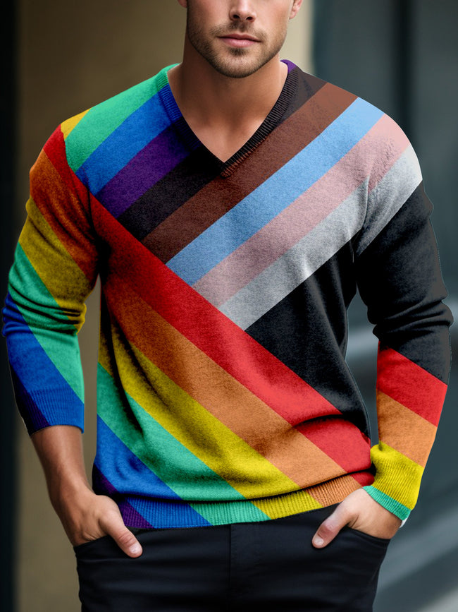 Multicolor Rainbow Pride Art Casual Print V-Neck Lnit Long Sleeve Knit Sweater