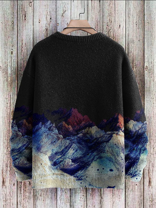 Unisex Art Mountain Print Casual Knit Pullover Sweater