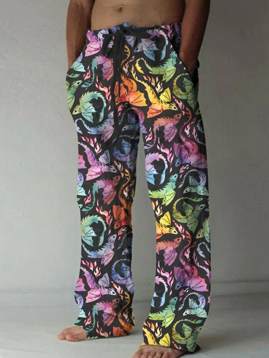 Men's Dragon Fire Rainbow Printed Casual Pants