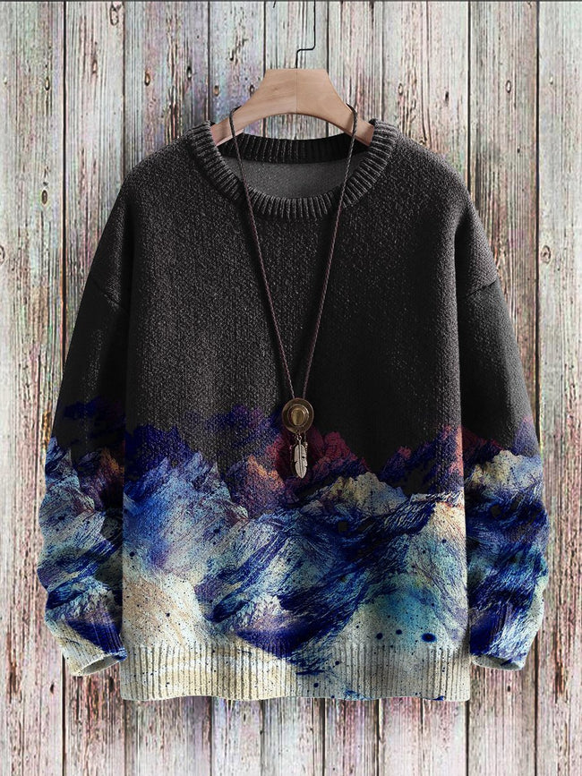 Unisex Art Mountain Print Casual Knit Pullover Sweater