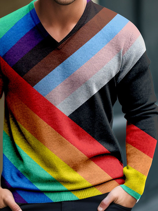 Multicolor Rainbow Pride Art Casual Print V-Neck Lnit Long Sleeve Knit Sweater