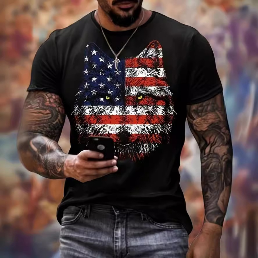 Men's Casual American Flag Art Print Short Sleeve T-Shirt