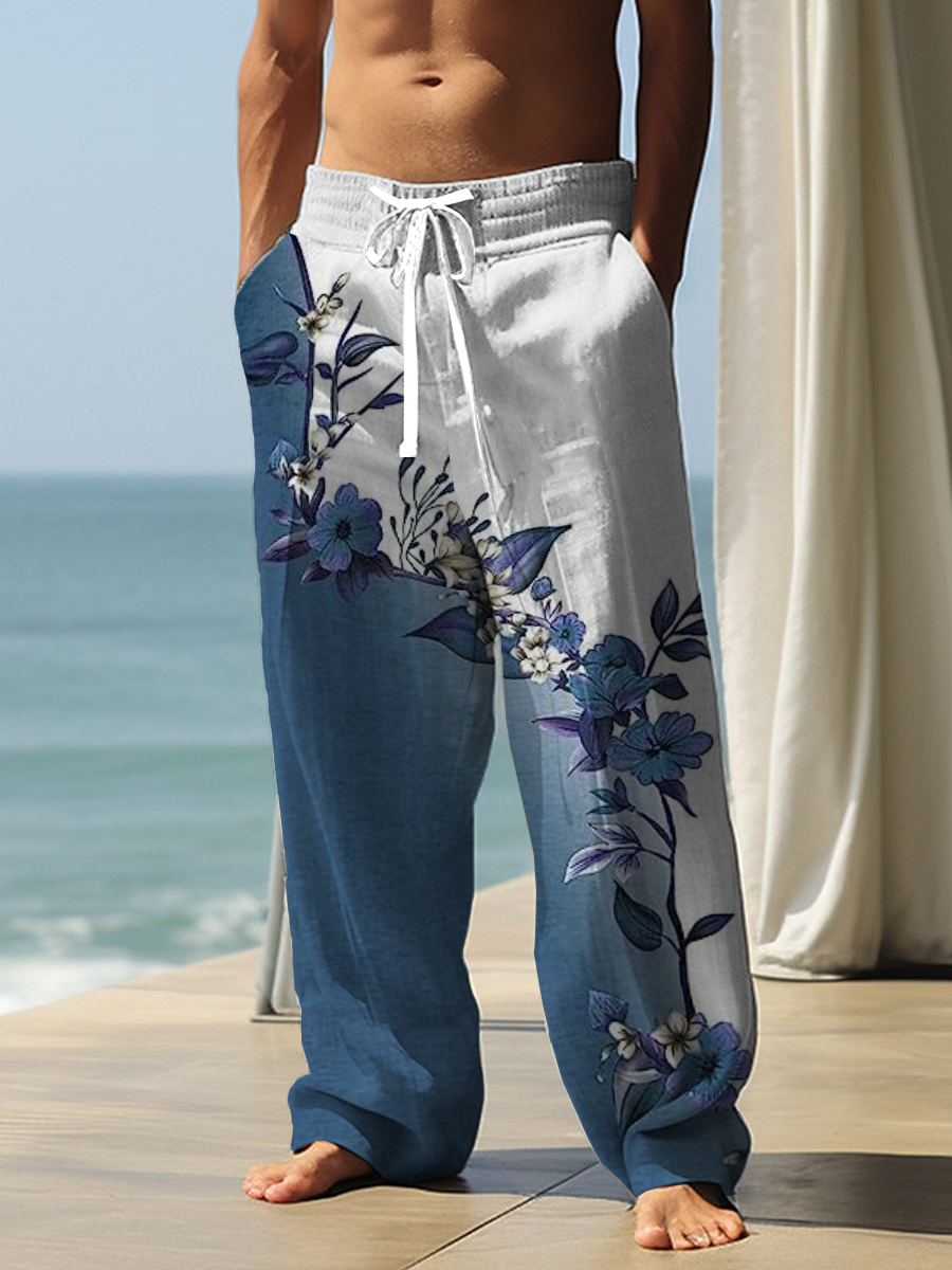 Men's Casual Pants White-Blue Flowers Print Pants