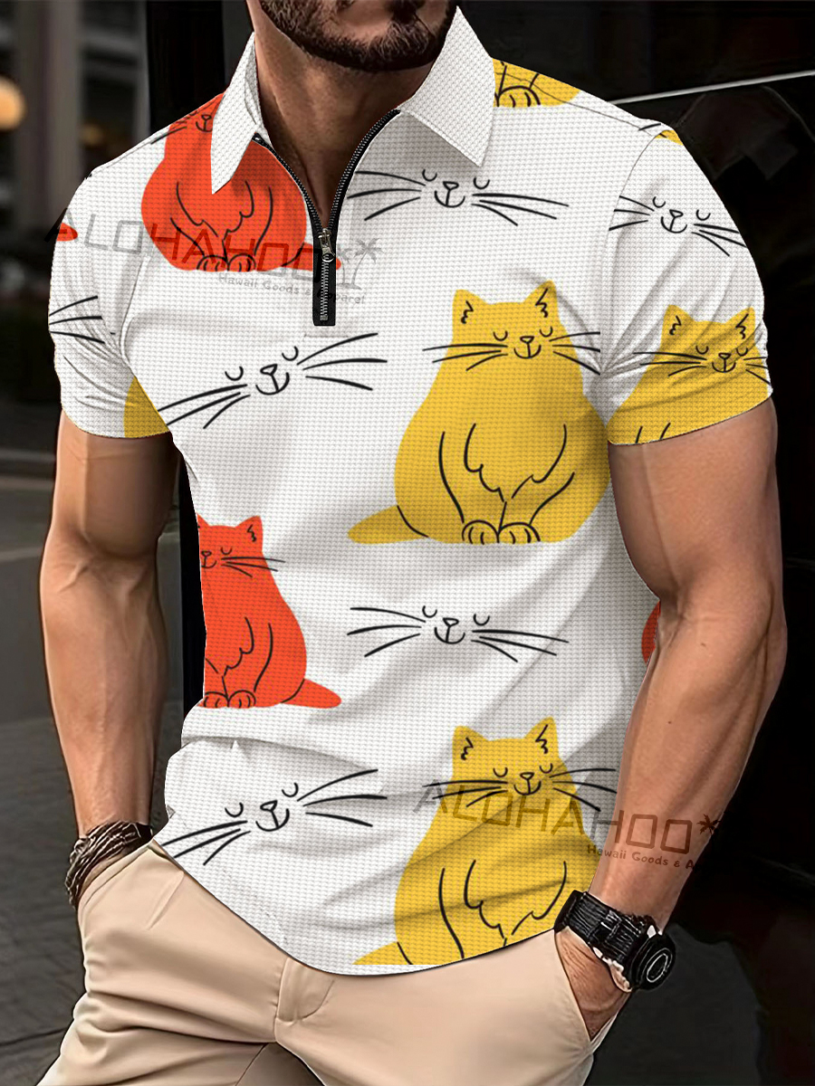 Men's Polo Shirt Cute Fat Cats Print Casual Short-Sleeved Golf Shirt