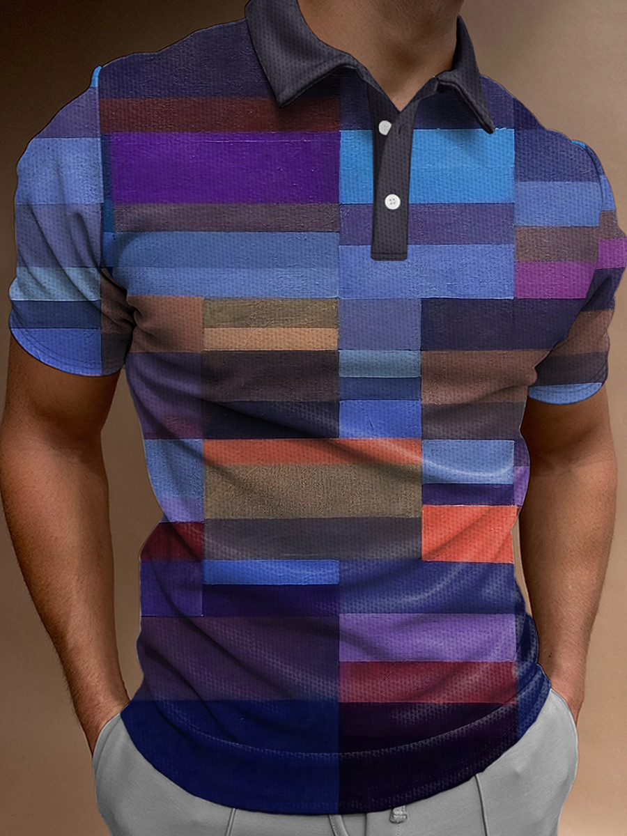 Men's Polo Shirt Colorblock Pattern Print Casual Long-Sleeved Polo Shirt