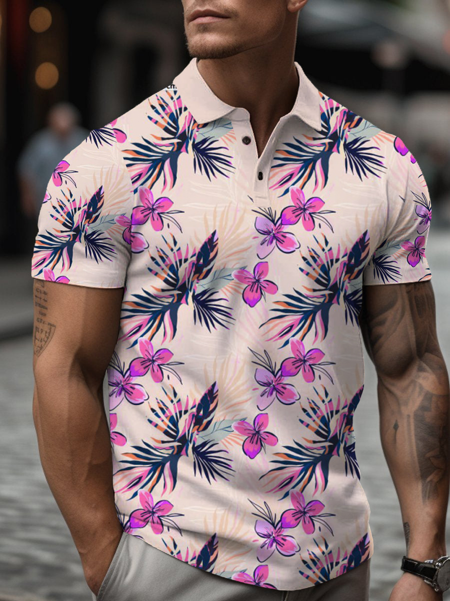 Men's Polo Shirt Tropical Floral Print Casual Short-Sleeved Golf Shirt