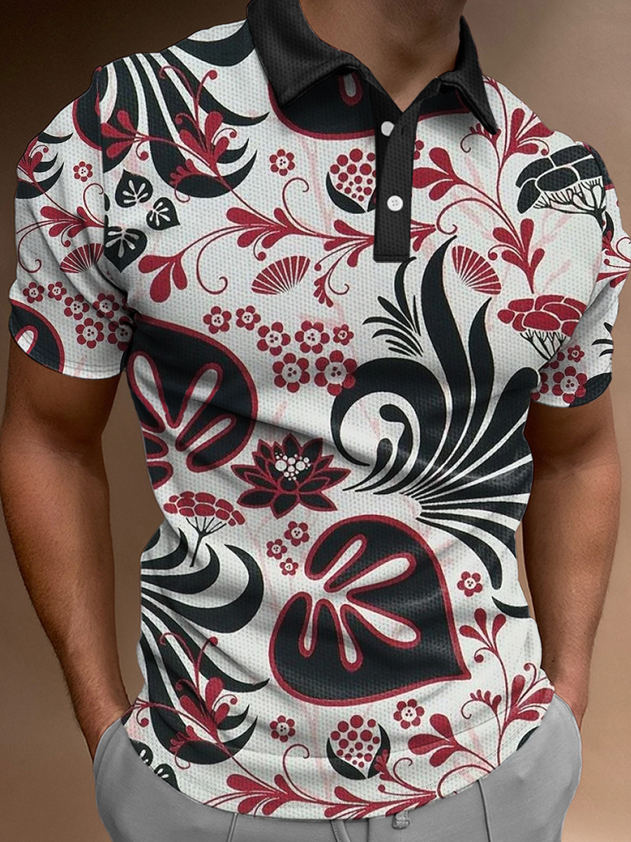 Tropical Plant Pattern Print Casual Loose Short-Sleeved Polo Shirt