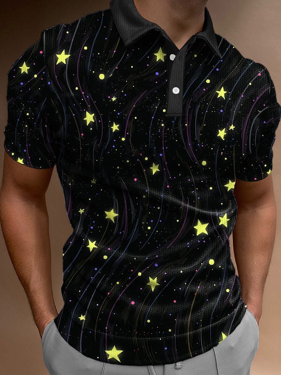 Lighting Star Print Casual Loose Short-Sleeved Polo Shirt