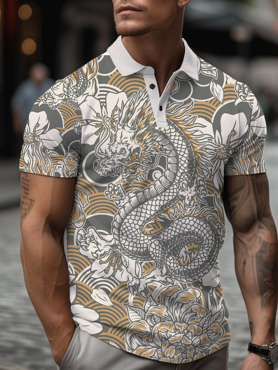 Men's Polo Shirt Dragon Print Casual Short-Sleeved Golf Shirt