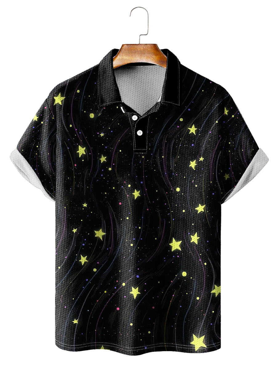 Lighting Star Print Casual Loose Short-Sleeved Polo Shirt