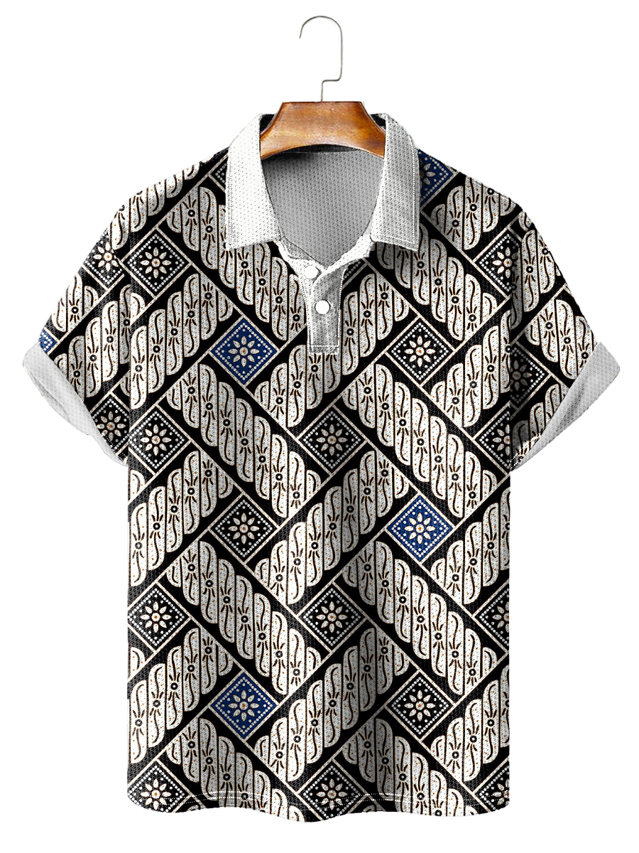 Cross Stripes Pattern Print Casual Loose Short-Sleeved Polo Shirt