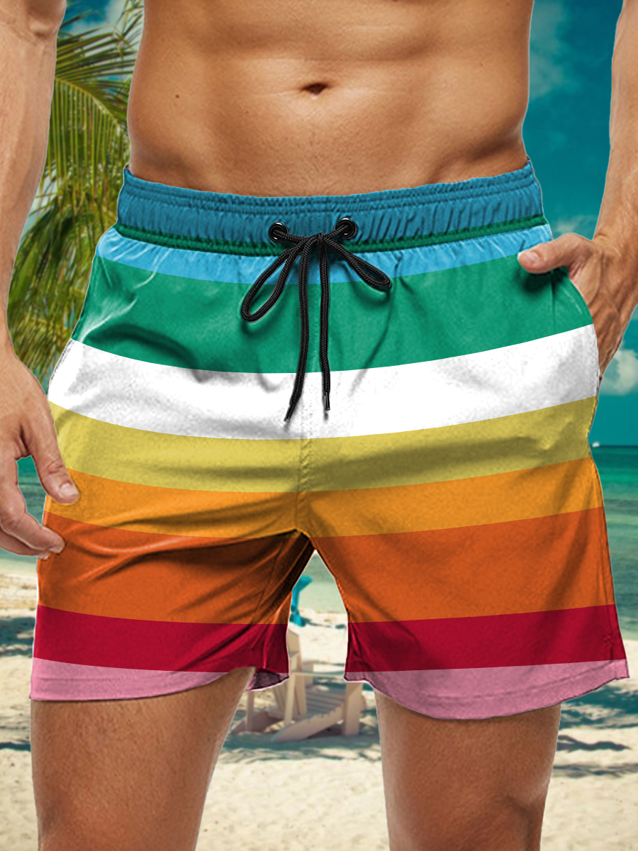Men's Hawaiian Shorts Colorful Stripes Print Vacation Beach Shorts