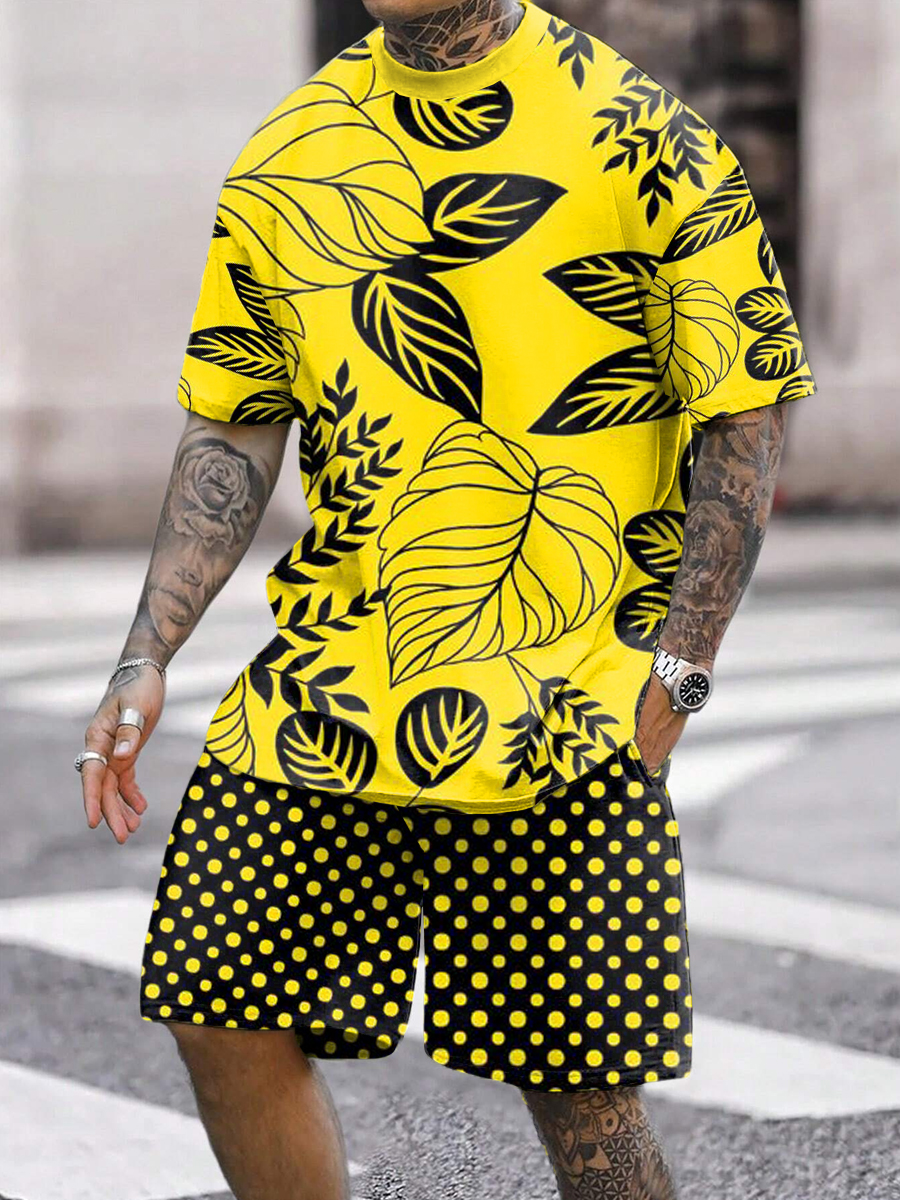 Art Hawaii Plants Printed T-shirt And Shorts Men's Sets