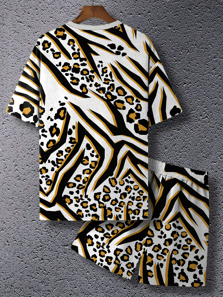 Art Leopard Pattern Printed T-shirt And Shorts Men's Sets