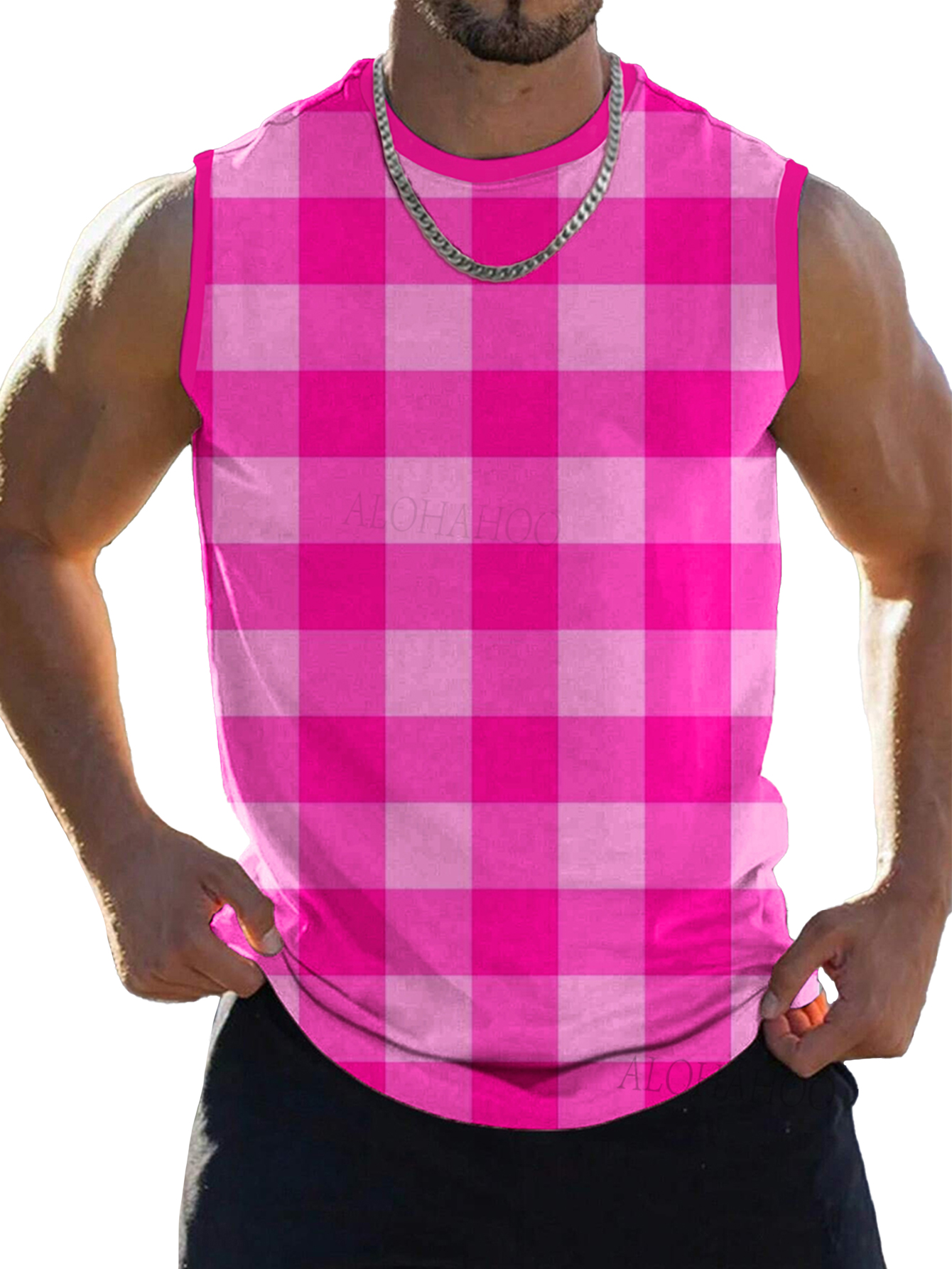 Men's Tank Top Doll Pink Style Plaid Print Cozy Sleeveless T-Shirt