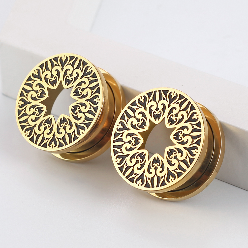Floral Pattern Steel Ear Piercing Tunnels 2Pcs