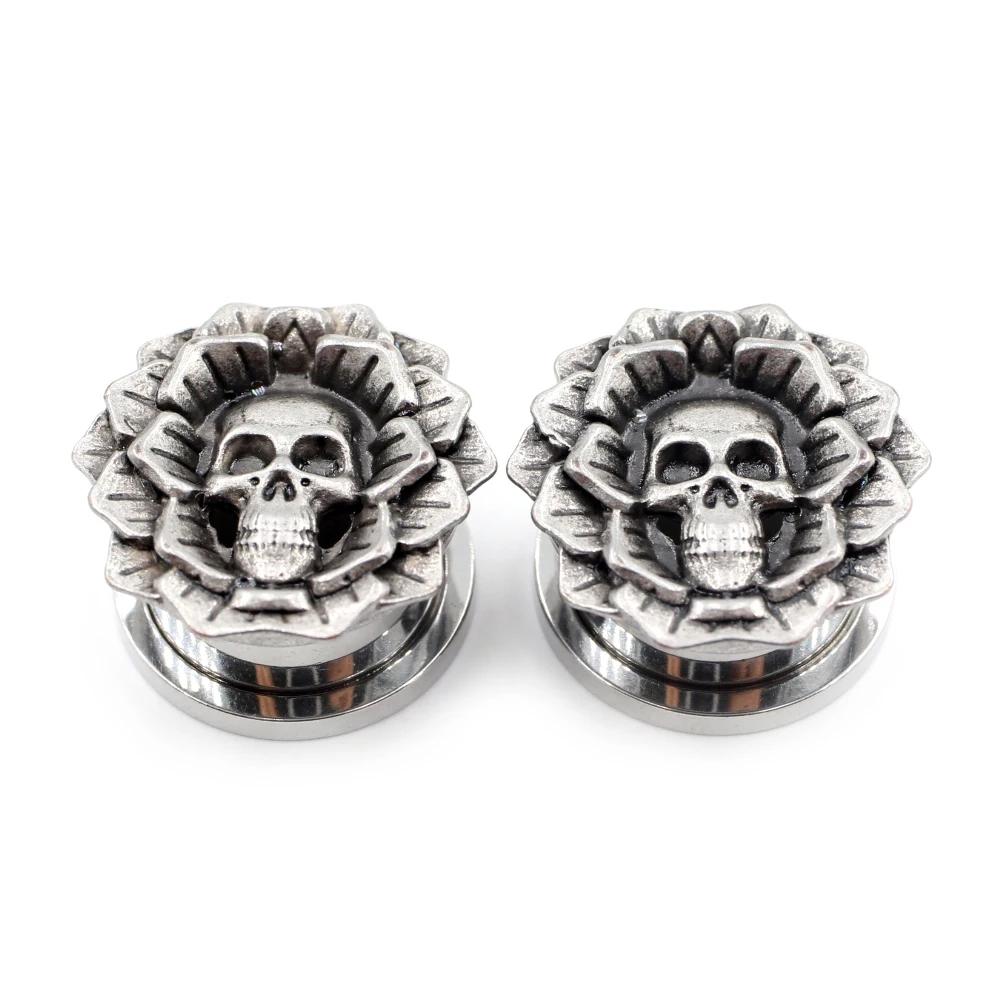 Flower Carved Skull Double Flared Steel  Plugs