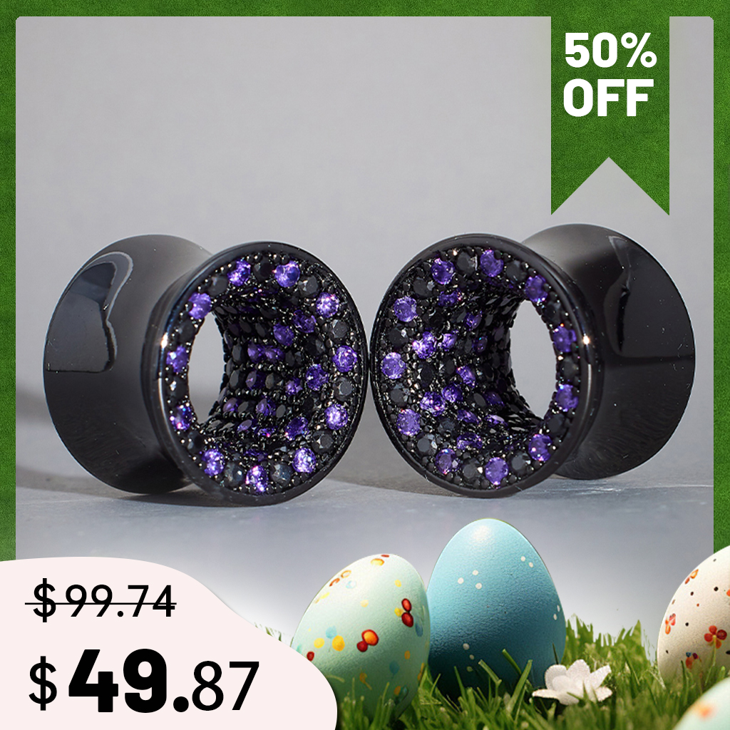 Tungsten Steel Zircon Black Purple Ear Gauge Tunnel(2pcs) 