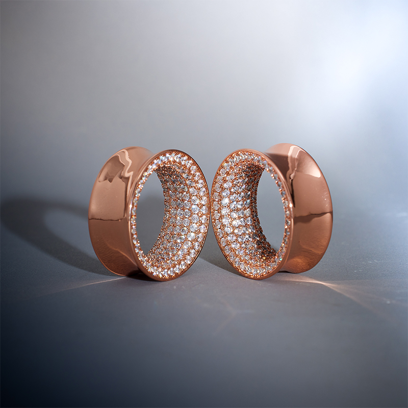 14K Rose Gold White Zircon Star Sparkling Ear Gauge Tunnel(2pcs)
