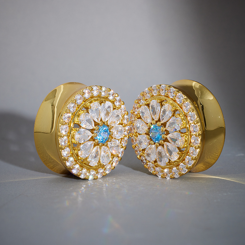 Blue Sea Daisy Moissanite 14K Ear Gauge Tunnel (2Pcs)