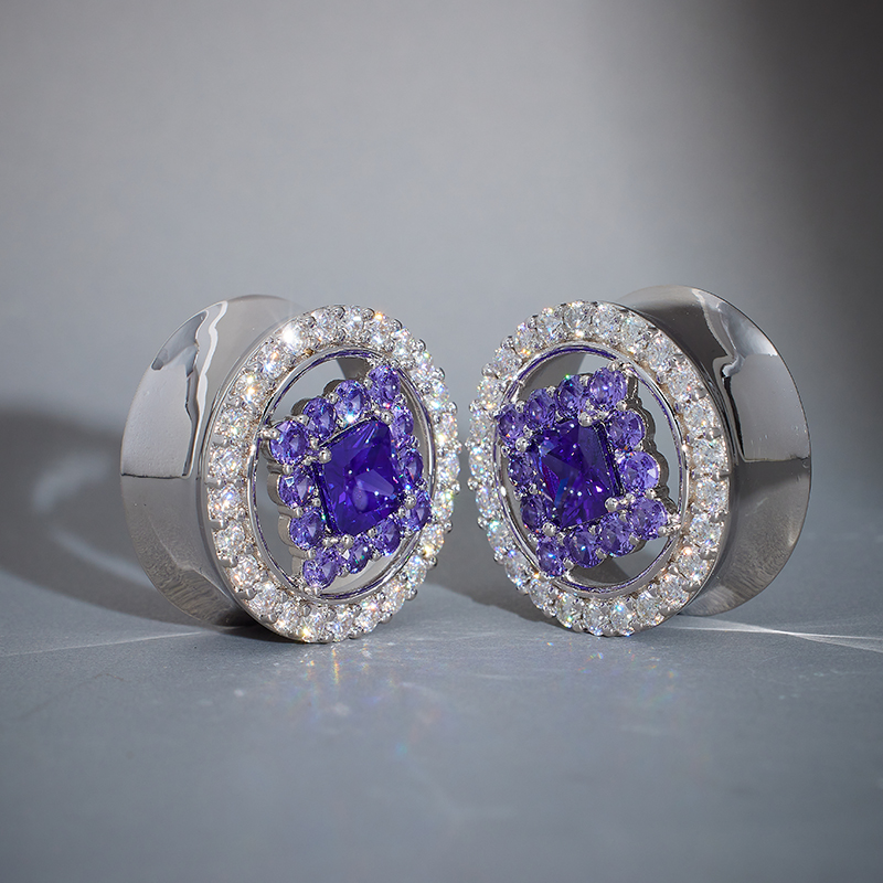 S925 Silver Zircon Violet Crown Tunnel (2Pcs)