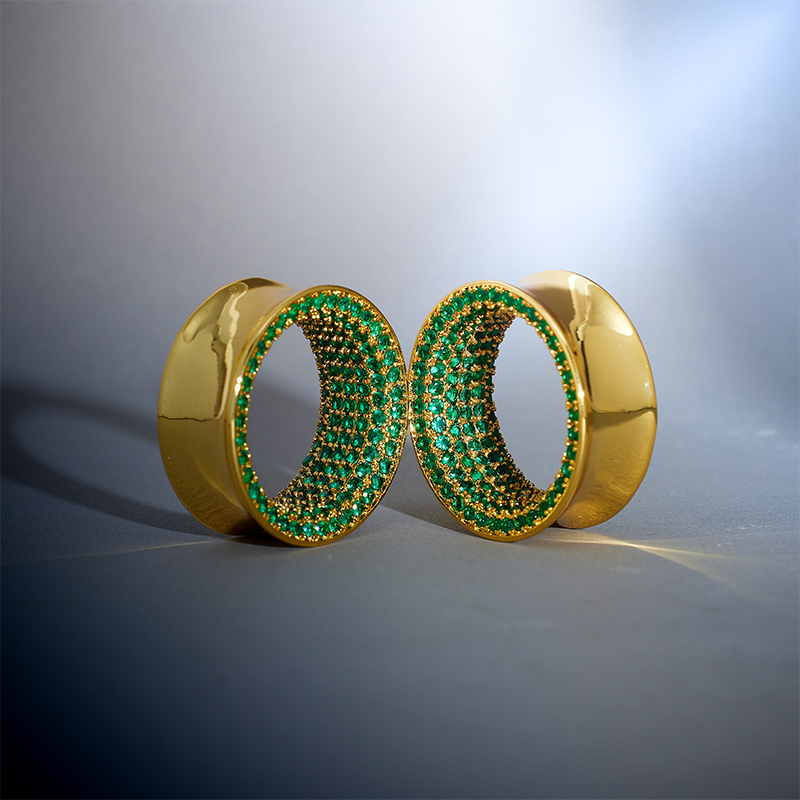 Green Moissanite 14K Gold Stars Shining Ear Gauge Tunnel(2Pcs)