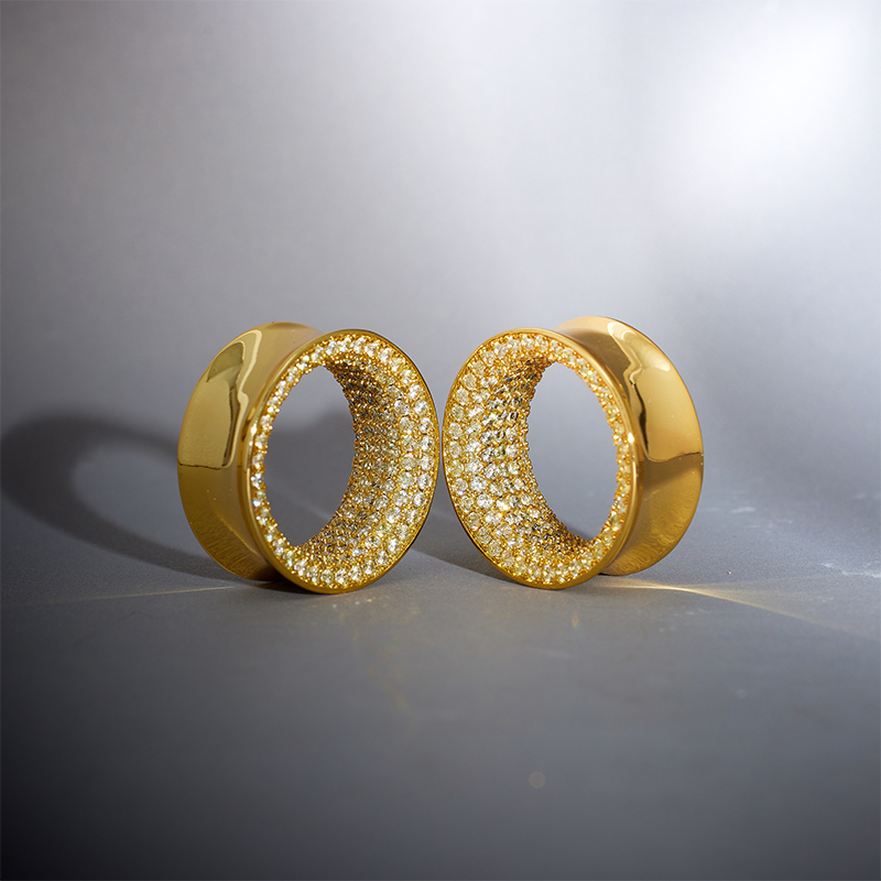 Yellow Zircon 14K Gold Stars Shining Ear Gauge Tunnel(2Pcs)