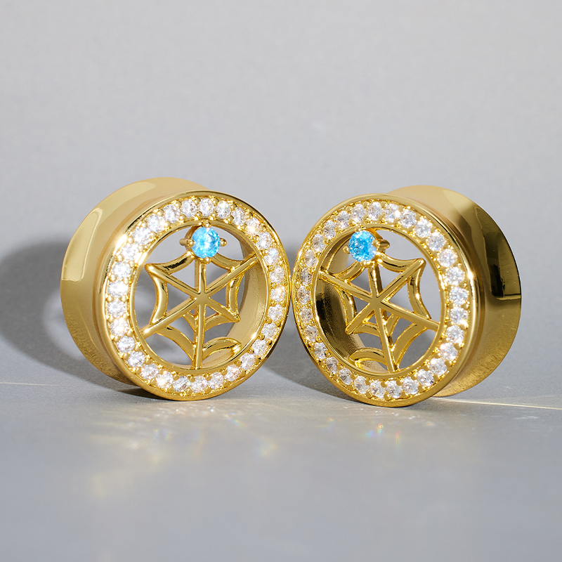 Web Blue Stone Zircon 14K Tunnel (2Pcs)