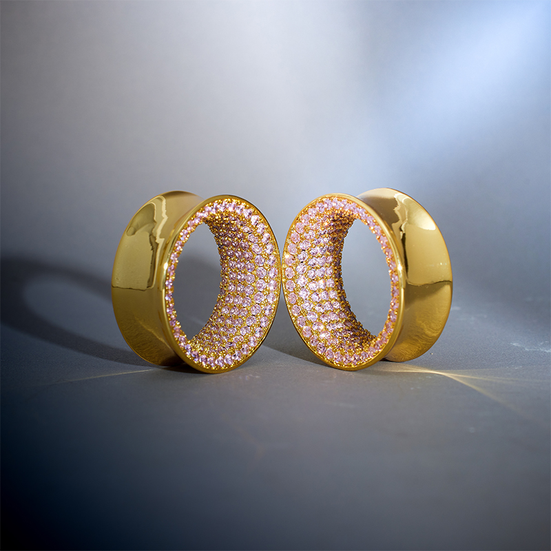 Pink Zircon 14K Gold Stars Shining Ear Gauge Tunnel(2Pcs) 