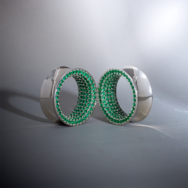 Green Moissanite 14K White Gold Stars Shining Ear Gauge Tunnel(2Pcs)