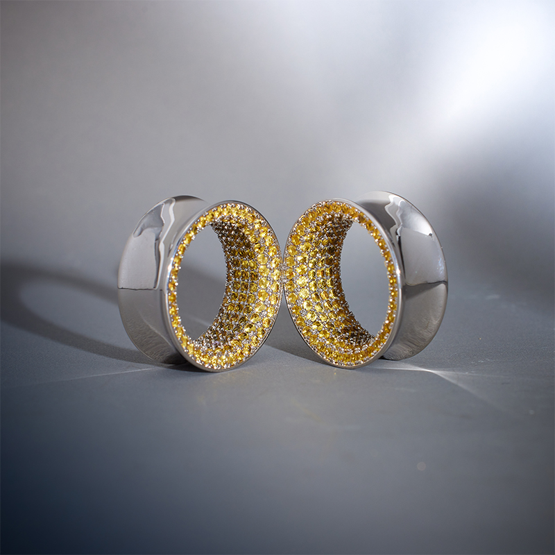 Yellow Zircon 14K White Gold Stars Shining Ear Gauge Tunnel(2Pcs)