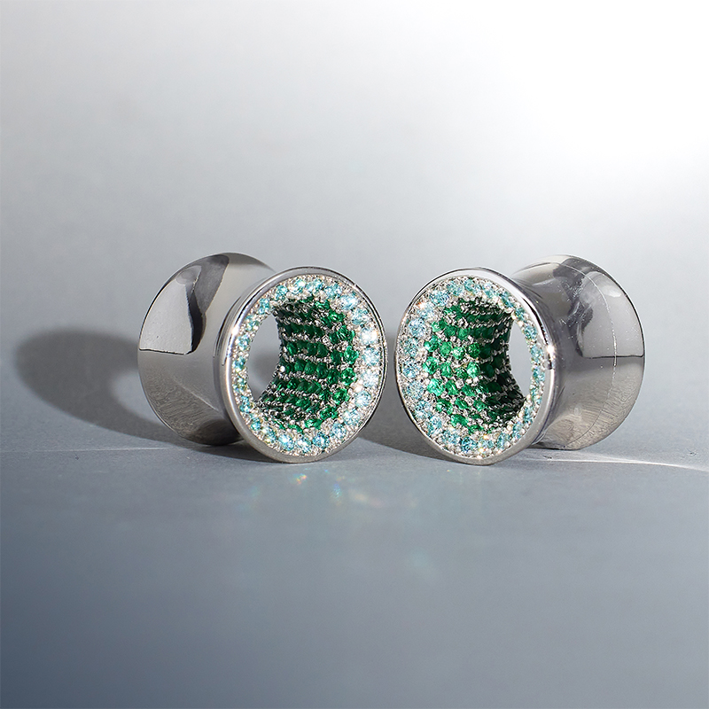 Lake Green Moissanite 14K White Gold Stars Shining Ear Gauge Tunnel(2Pcs)