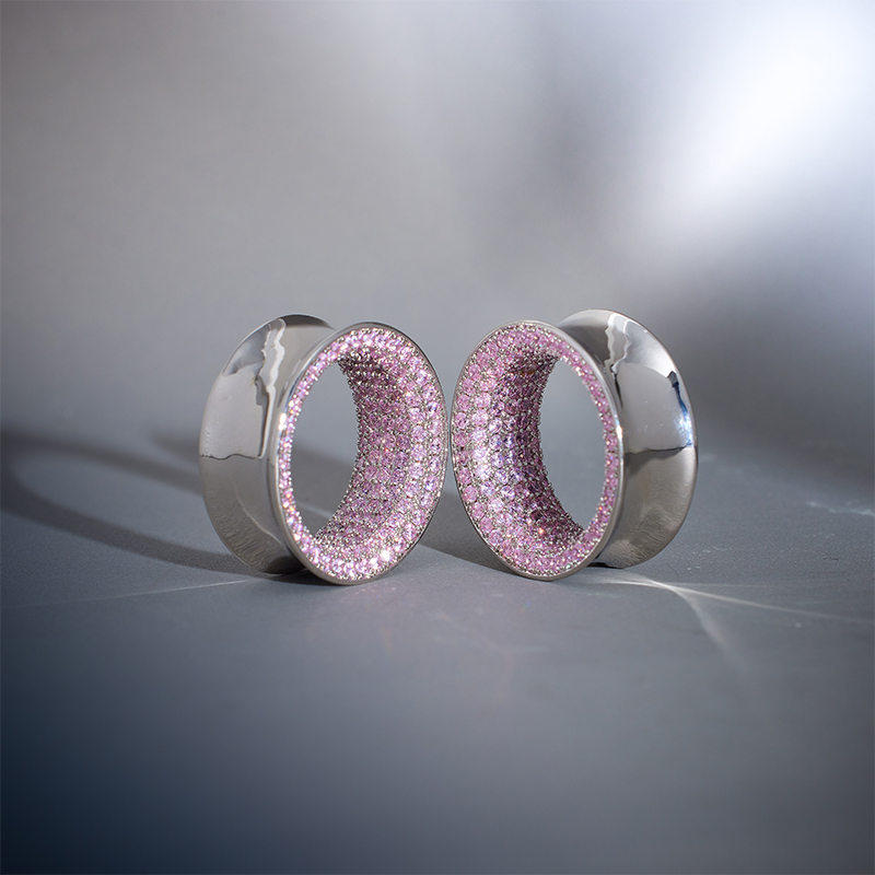 Pink Moissanite 14K White Gold Stars Shining Ear Gauge Tunnel(2Pcs)