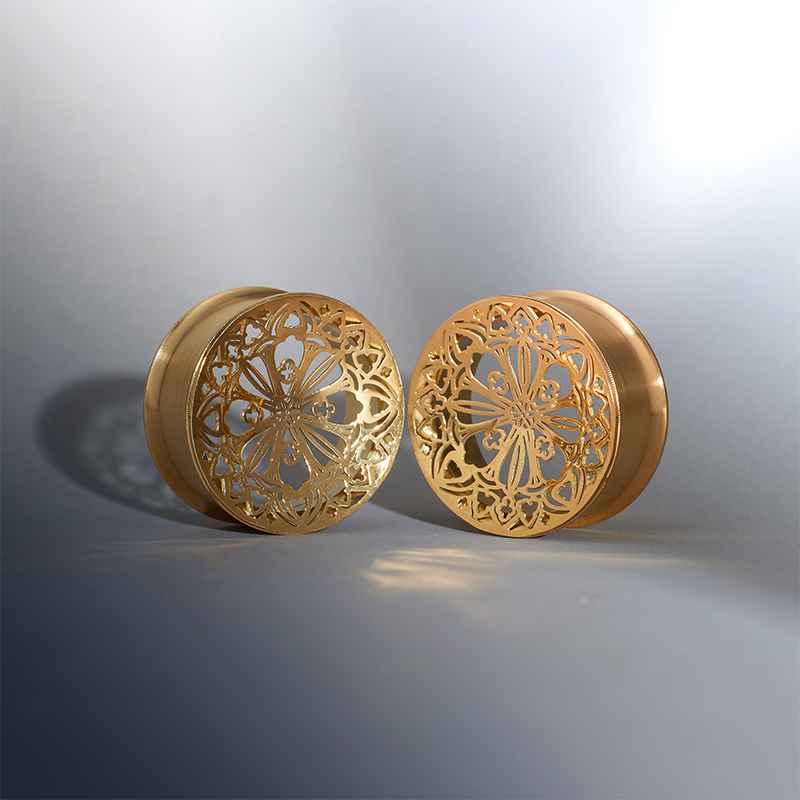 Golden Filigree Blossoms Stainless Steel Ear Gauge Tunnels 2Pcs