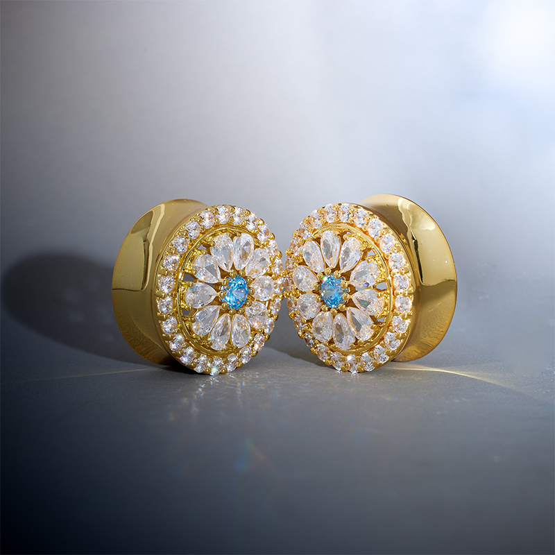 Blue Sea Daisy Moissanite 14K Ear Gauge Tunnel (2Pcs)