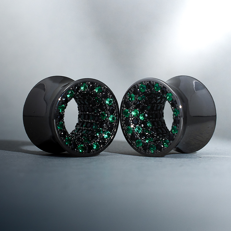 Tungsten Steel Zircon Black Green Ear Gauge Tunnel(2pcs) 