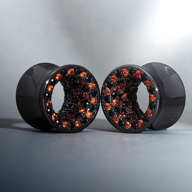 Tungsten Steel Zircon Black Red Ear Gauge Tunnel(2pcs) 