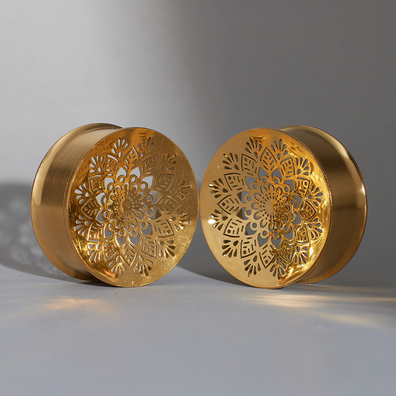 Mandala Design Steel Ear Piercing Tunnels 2pcs