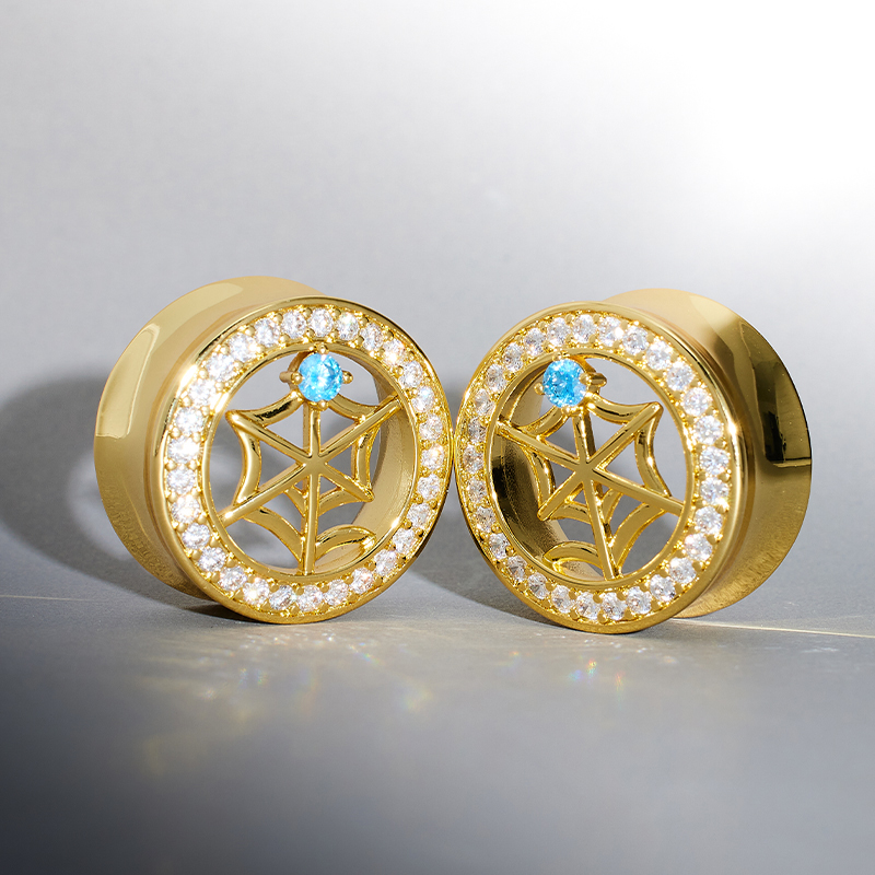 Web Blue Stone Moissanite 14K Ear Gauge Tunnel (2Pcs)